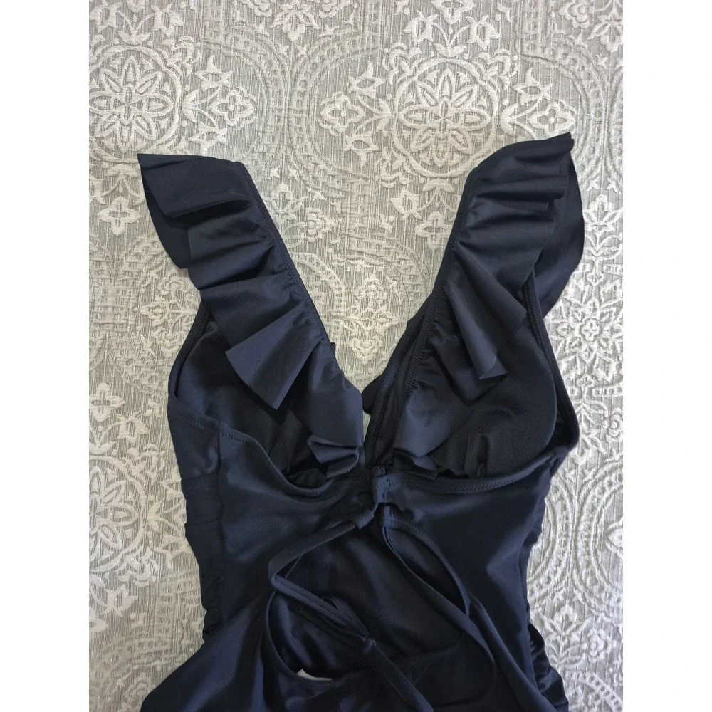 Black Ruffle V-Neck Ruched One Piece Swimsuit Lace Up Back‎ Size Medium